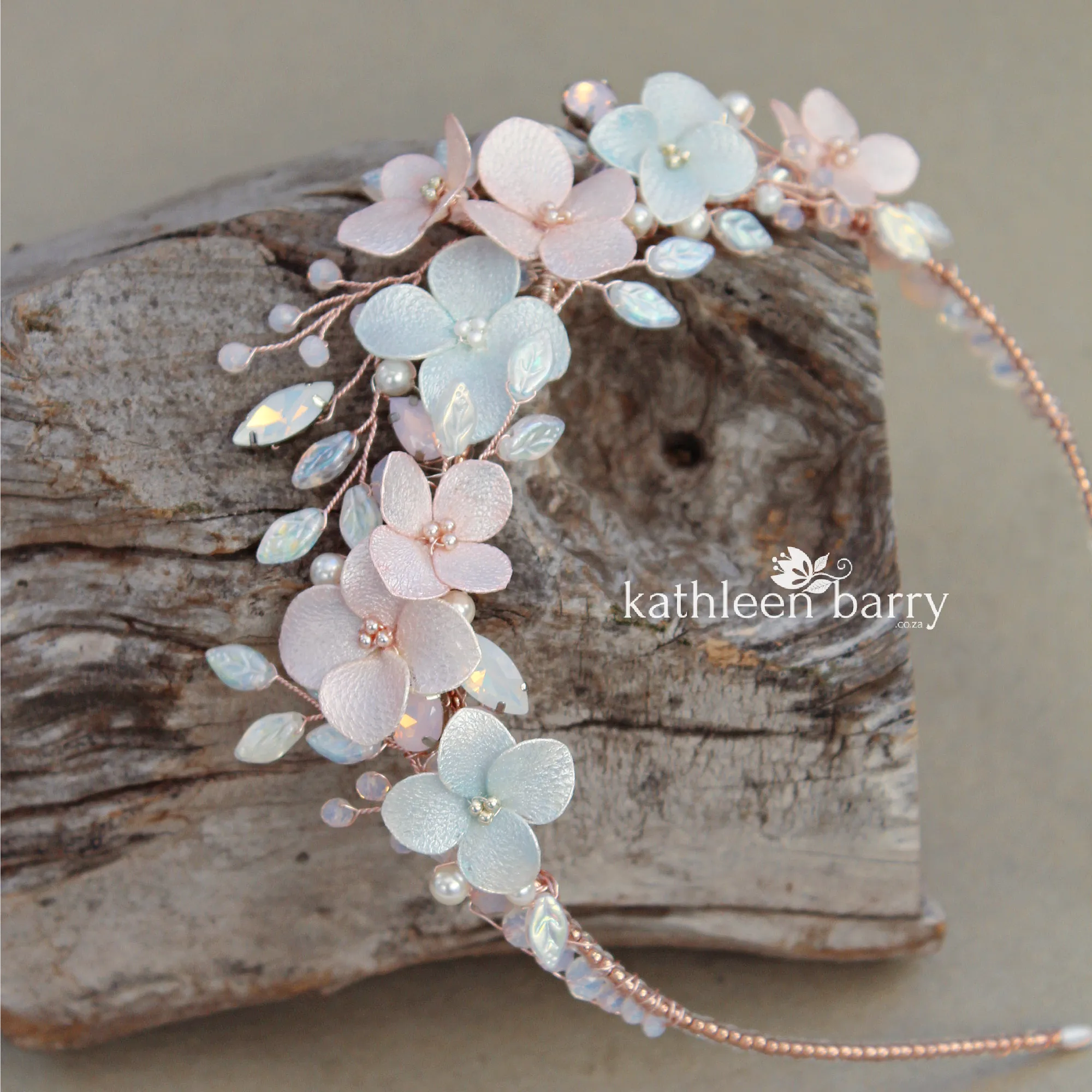 Rachel floral and pearl hairband taiara style - opalescent blue & pink - custom colors to order