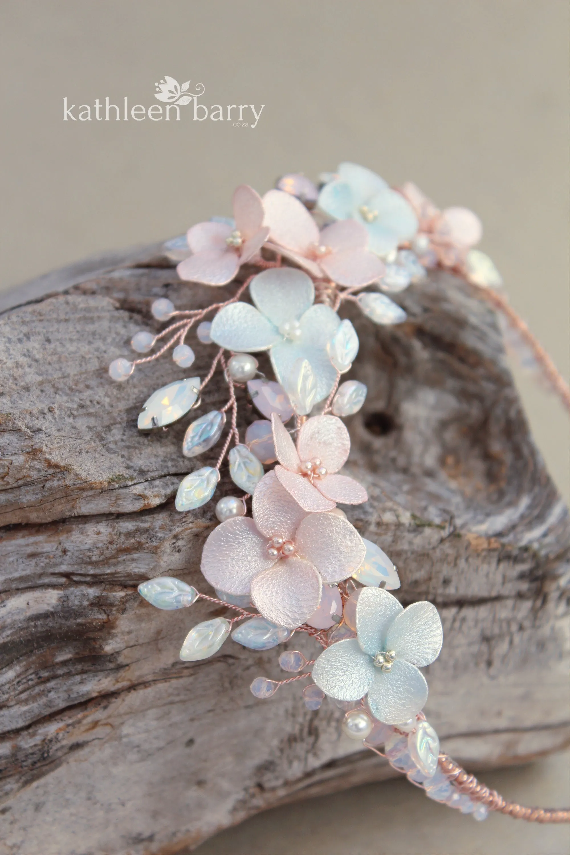 Rachel floral and pearl hairband taiara style - opalescent blue & pink - custom colors to order