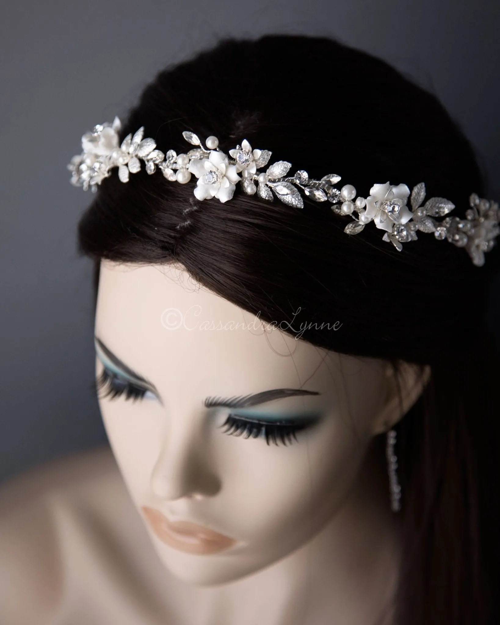 Wedding Headband with Porcelian Flowers and Pearls