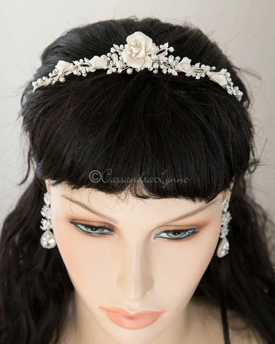 Wedding Tiara of Pearls and Porcelain Flower