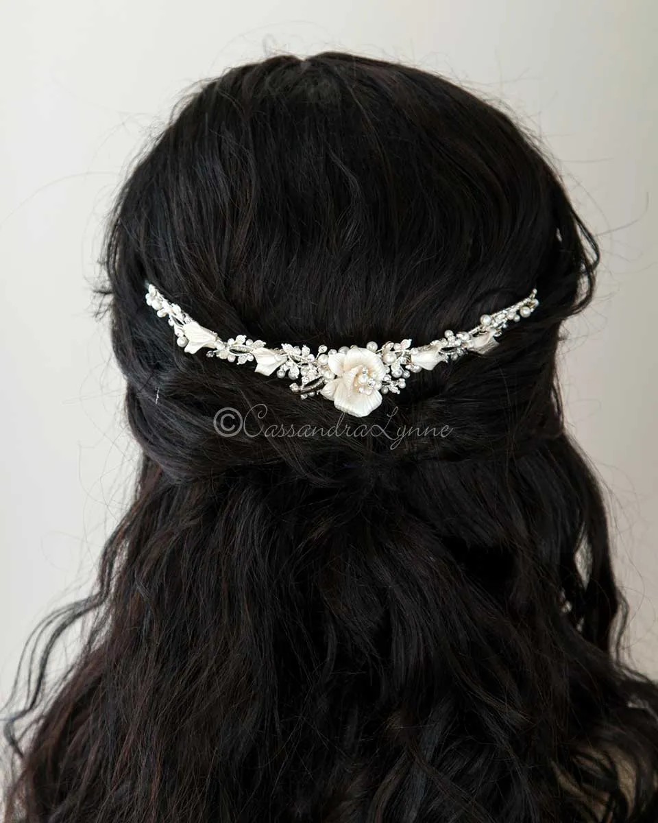 Wedding Tiara of Pearls and Porcelain Flower